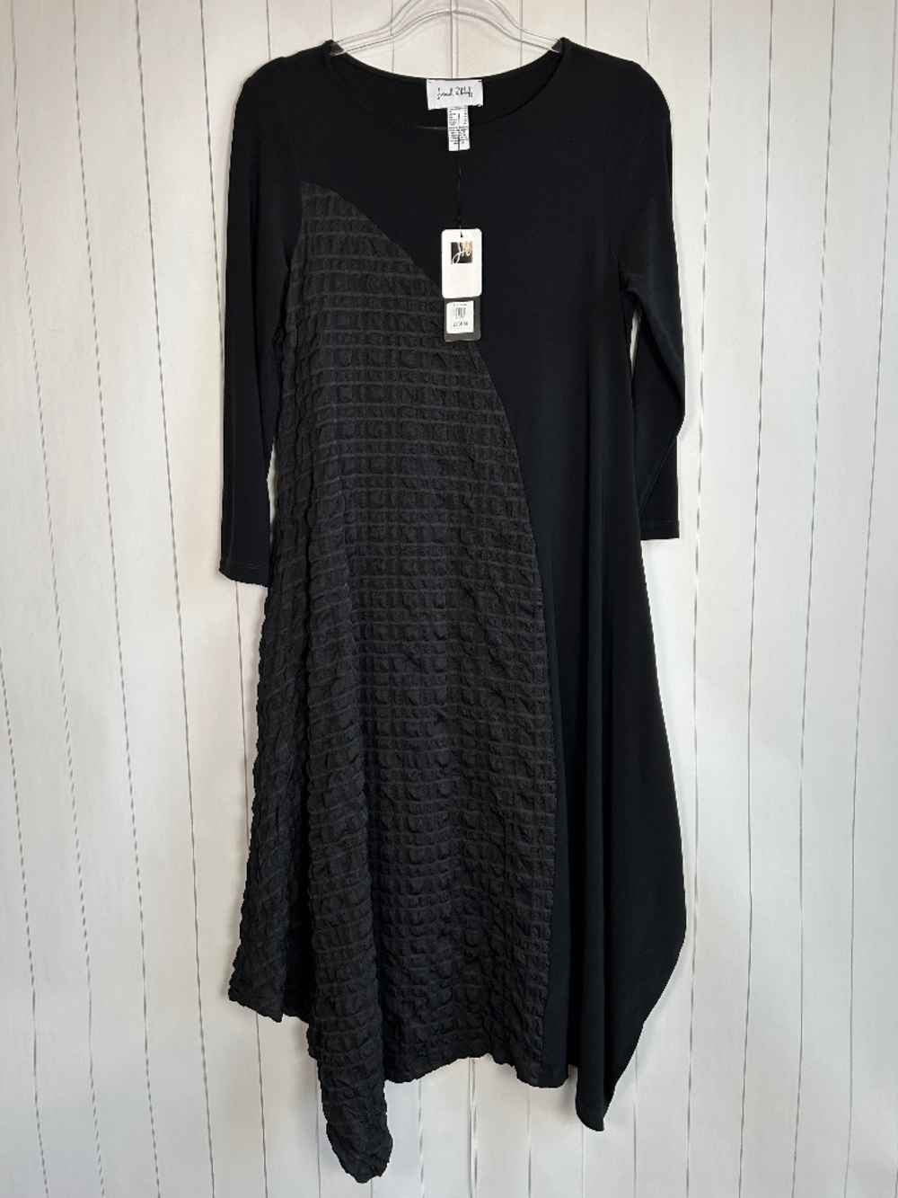Joseph Ribkoff Size 10 Black Midi Dress Asymmetrical Textured 3/4 Sleeve NEW